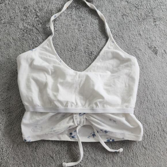 Hollister Top Women M Whit Blue Floral Tie Back Halter Ruched Crop Shelf Bra - Picture 5 of 12